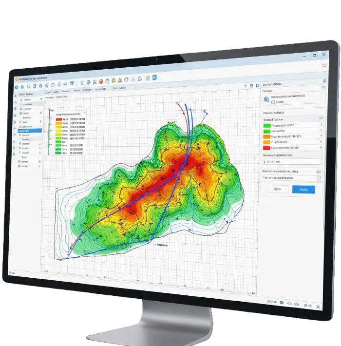 Interface do software Boole VUE mostrando projeto de estrada com cálculos de bacia hidrográfica e perfil longitudinal